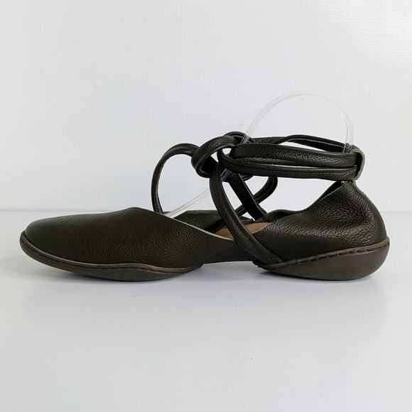 Trippen Ankle Tie Flats 41 Green Leather Artsy Designer Avant Garde Minimalist - Picture 6 of 10